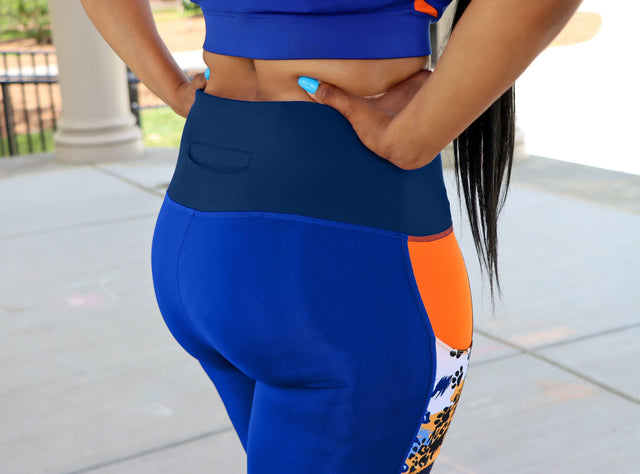 Elements Leggings/Capri - Deep Cobalt + Printed Orange - SewSewYou